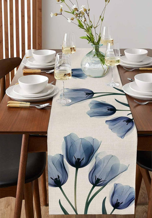 PIEPLE 72 Inch Countryside 13''x72'' Tulip Blue Table Runner Cotton Linen Holiday Dresser Scarves, Spring Floral Garden
