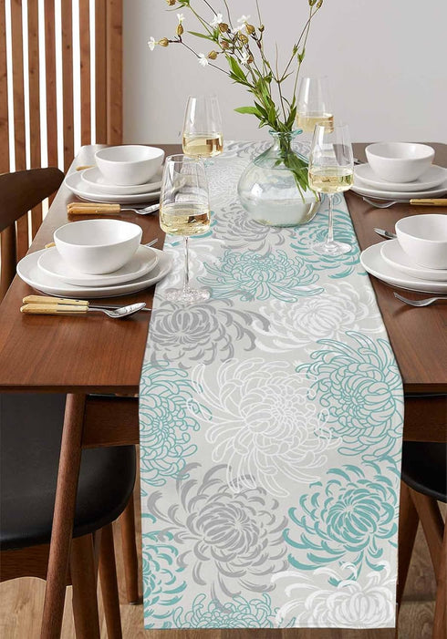 PIEPLE 13x36inches Aqua Chrysanthemum Flowers Table Runner-Cotton Linen-Small Dresser Scarves,Floral Grey Tablerunner