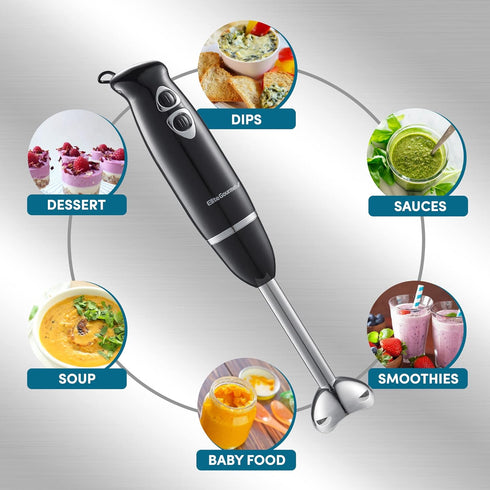 Elite Gourmet Immersion Hand Blender 500 Watts, 2 Speed Mixing, Stainless Steel Blades, Black