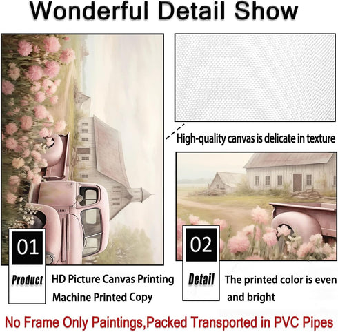 BACKYMRJCART Farmhouse Truck Canvas Wall Art, Vintage Landscape Art Prints with Pink Flowers, No Frame