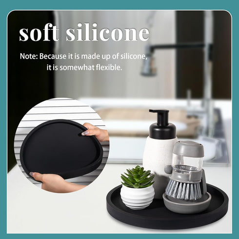 Silicone Bathroom Tray, Round Vanity Decorative Soap Holder for Kitchen Countertop, 9 Inch, Black