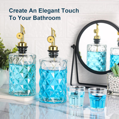 2 Pack 12 Oz Mouthwash Dispenser for Bathroom, Luxury Diamond Glass Mouth Wash Container, Glass Mouthwash Dispenser