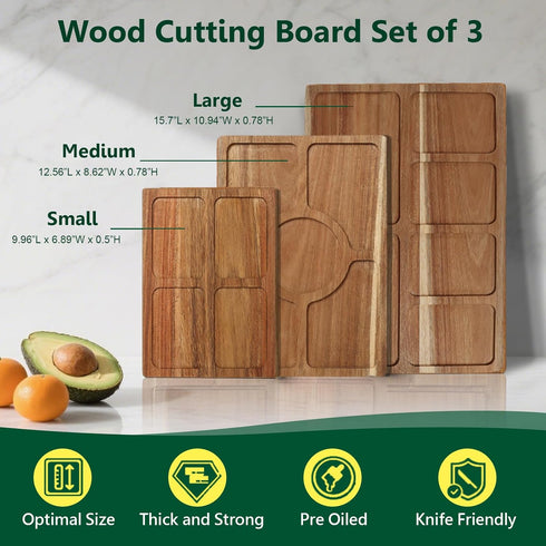 Set 3, (Set 3) Acacia Wood Cutting Boards for Kitchen of Chopping Board with Holder, with Deep Juice Groove Grip