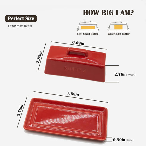 MKYHBOO Countertop, Ceramic Butter Dish With Lid for Covered Butter Holder With Lid, Red Butter Container, Butter Tray