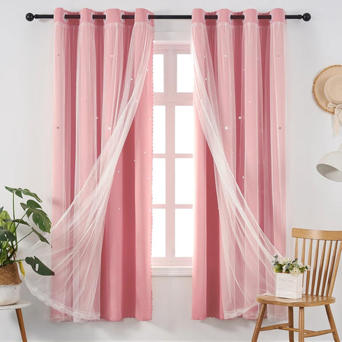 63 Inch 2 Pink Curtains for Girls Room- Aesthetic Star Cutout Blackout Double Layer with Sheer Overlay, Length Panels