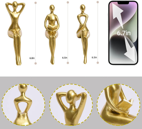 3 Quoowiit Gold Decor Thinker Statue Decor Book Shelf Decor, Abstract Statue Ornament Office Decor Modern Home Decor