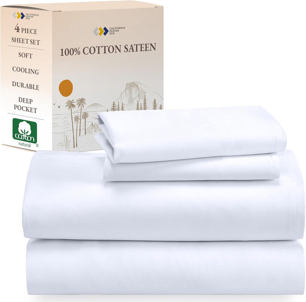 California Design Den Soft 100% Cotton King Size Bed Sheets Set with Deep Pockets, Cooling White Sheets with Sateen