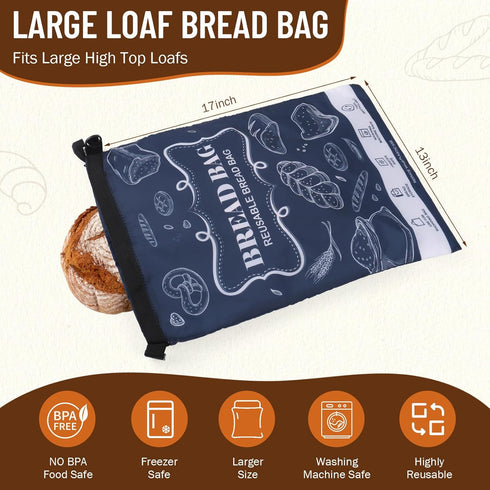 2 Packs Bread Bags, Bread Bags to Keep Fresh, Reusable Zipper for Homemade Loaf, Freezer Storage Bag, Container, Fresh
