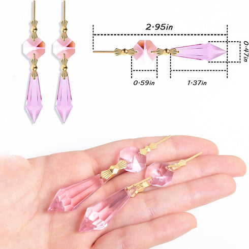 20pcs Pink Crystals Prisms Glass Tip Beads Replacement Chandelier Icicle Drop Pendants Octagon Crystal Beads Gold Pins