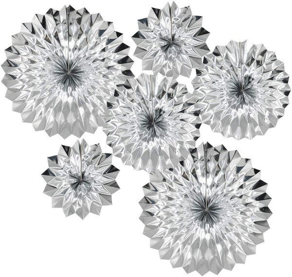 Hanging Paper Fans Party Set, Silver Round Pattern Paper Garlands for Birthday, Baby Shower, Graduation, Set of 6