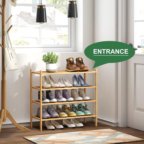 kiplant 4-Tier 4-Tier, Closet, Shoe Rack for Entryway, Bamboo Wood Shoe Rack Stackable Shoe Organizer for Free Standing