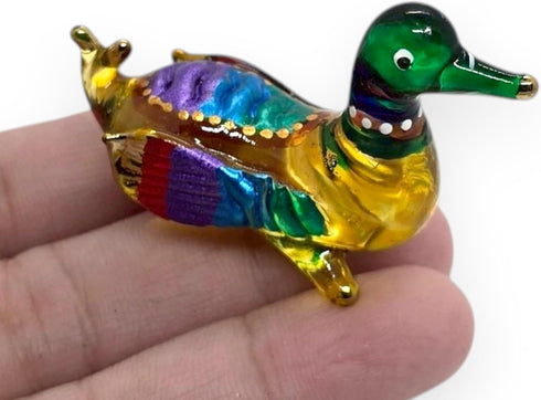 Tiny 1¾" Long Multicolor Sitting Duck Figurine - Miniature Hand Blown Painted Glass