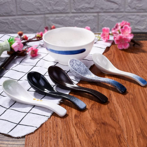 Japanese Soup Spoons Set of 5, Porcelain Ramen Spoons for Wonton, Dishwasher Safe