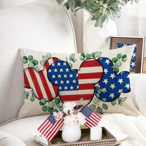 4th of July Cartoon Mouse Patriotic Throw Pillow Cover - 12 x 20, Rectangular America USA Outdoor Home Decor