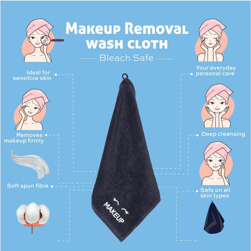 12 Pack 13 13 White Classic Bleach Safe Black Makeup Washcloths for Face Cleansing, - Super Soft Luxury Cotton Black