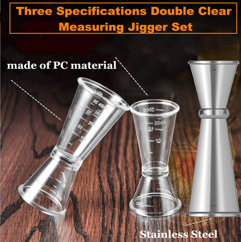 Double Clear Plastic and Stainless Steel Jigger, Set of 3, Cocktail Measuring Shot Glasses for Bar Party