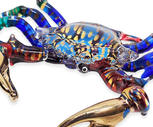 6" WitnyStore Small Long Blue Red Gold Dotted Crab Figurine - Miniature Hand Blown Painted Glass Crabs Crustacean