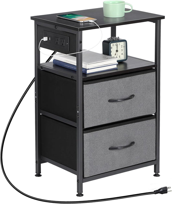 NANANARDOSO Nightstand with Charging Station, Small Bedside Table with 2 Fabric Drawers