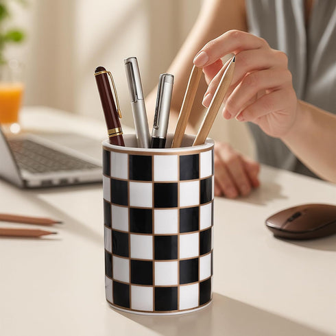 countertop Checkered Bathroom Toothbrush Holder, Bathroom Black and White Ceramic Toothbrush Holder, Modern Toothbrush