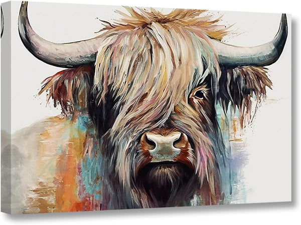 CCWACPP Colorful Highland Cow Canvas Wall Art, Abstract Highland Cattle Painting for Farmhouse Bathroom Decor Frame
