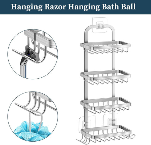 4 4 Tier Soap Bar Holder for Shower, Aluminum Wall Mounted Rustproof Soap Holder with Hooks and Razor Holder, Shower