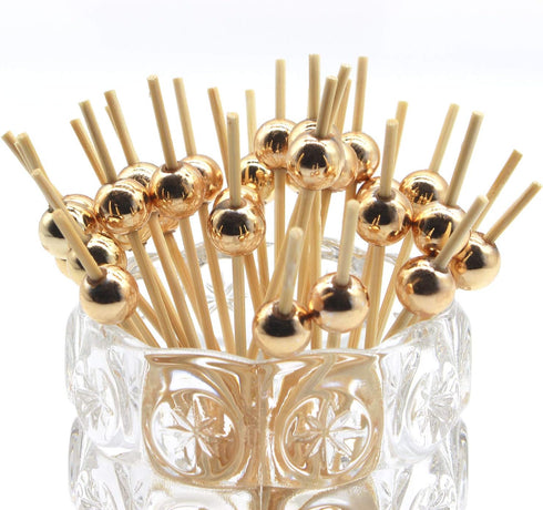 Minisland Gold Pearl Cocktail Picks, 4.7 Inch Bamboo Toothpicks for Appetizers, 100 Counts Decorative Skewer Sticks
