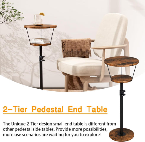 Kificet 2 Small Side Table, Tier Drink Table, Height Adjustable Round End Table, Pedestal Side Table for Small Spaces