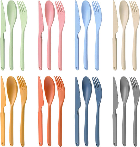 Large Flatware Sets, Plastic Serving Utensils for 8, Vibrant Colors, Reusable Camping Dish Set with Fork, Spoon, Knife