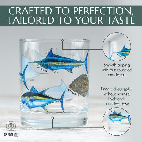 Greenline Goods Fishing Glass Set - Fish Themed 10 oz Whiskey Glass Set of 2 for Fisherman and Outdoorsman
