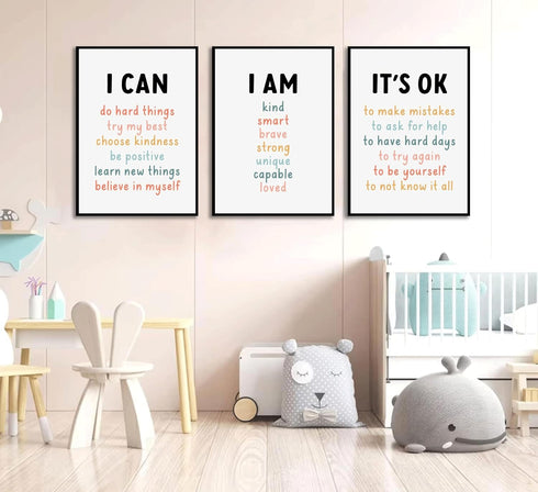 PPJ 3Pcs Affirmations For Kids Wall Art Nursery Wall Decor Daily Inspirational Quotes Prints Posters Kids Bedroom