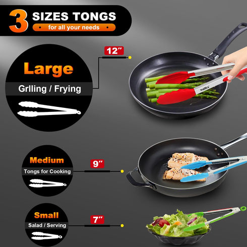Walfos Silicone Tongs for Cooking, Heat Resistant Kitchen Tongs for Salad, Grilling, Stainless Steel and BPA Free