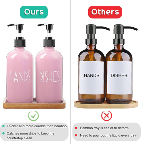ALELION Dish Soap Dispenser for Kitchen, 16 OZ Glass Hand Soap Dispenser Set with Acacia Wood Tray, Pink Kitchen Decor