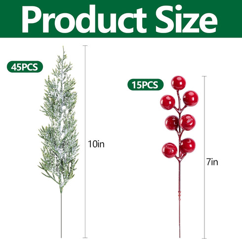 Watayo 60 Pcs Artificial Christmas Snow Pine Branches with Red Berry Stems, Snowy Faux Greenery Norfolk Pine Cypress