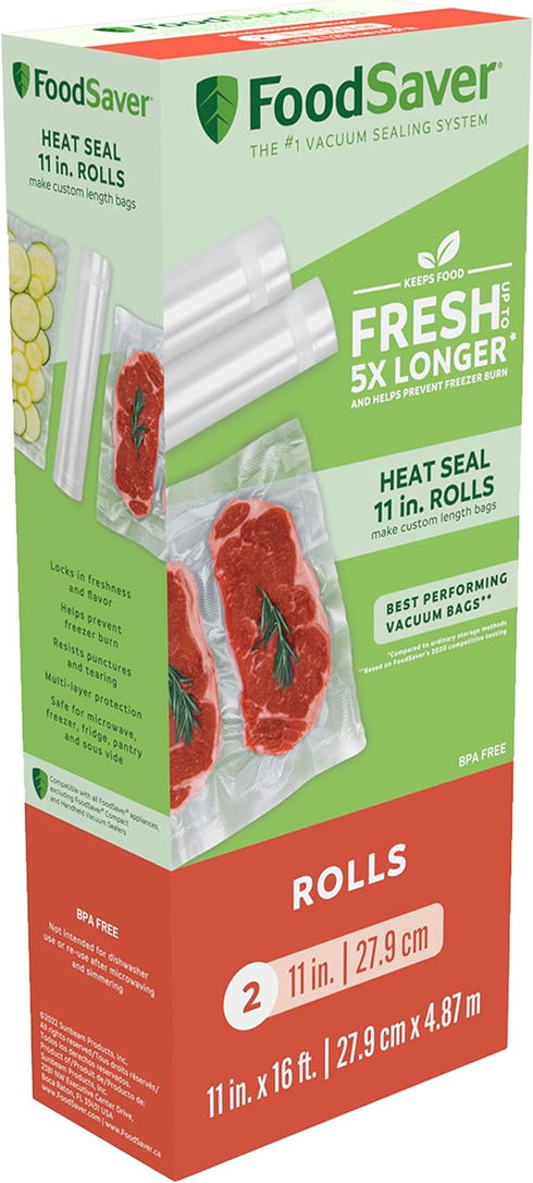 FoodSaver Vacuum Seal Rolls, 11" x 16', 2-Pack, BPA-Free Multilayer Construction for Food Preservation