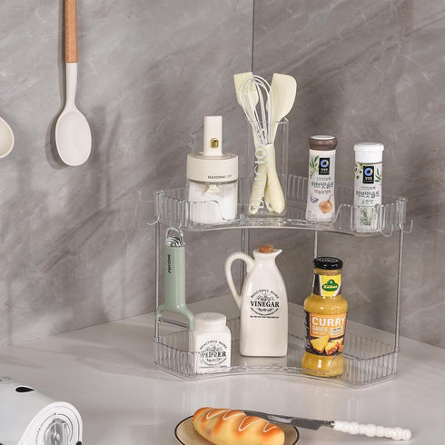 2-Tier Countertop Corner Bathroom Organizer with Hooks, Bathroom Sink Corner Vanity Storage for Makeup, Skincare
