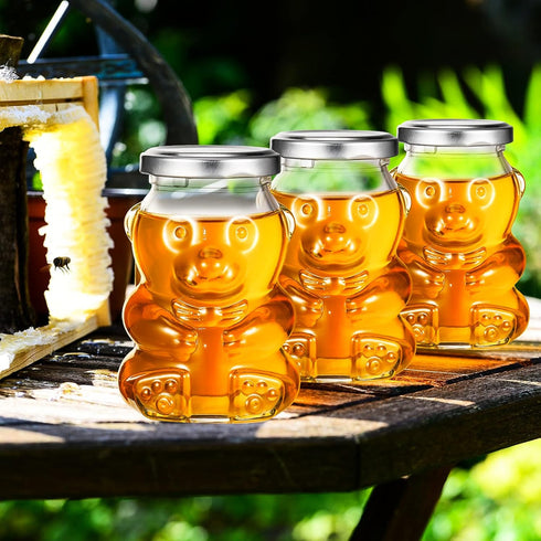 24 Pack 9.5 oz Patelai Glass Bear Shaped Honey Jars with Lids Reusable Small Tilted Bear Glass Bottles Containers