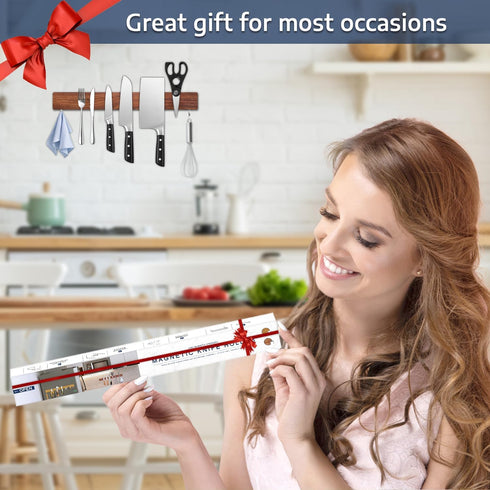 Magnetic Knife Holder for Wall, 16 Inch Walnut Wood Knife Strip with 2 Hooks, Extra Strong Magnet