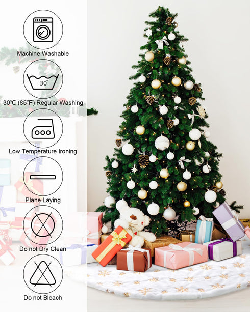 COOLWUFAN 48 Inches Christmas Tree Skirt for Holiday Party Decoration, White Plush Gold Sequin Snowflake