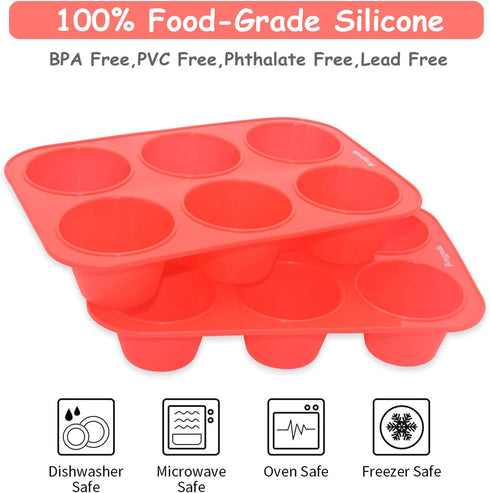 Silicone Large Muffin Pan 2 Pack, Non-Stick Jumbo 6 Cup Cupcake Molds, Perfect for Egg Muffin, Big Cupcake