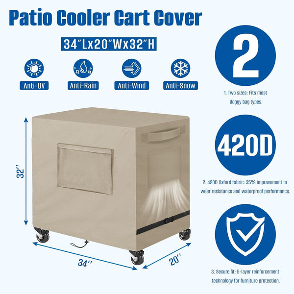 80-100 34L 20W X32H inch-Khaki SIRUITON Patio Cooler Cart Cover, Fits for Most Quart Rolling Cooler Cart Cover