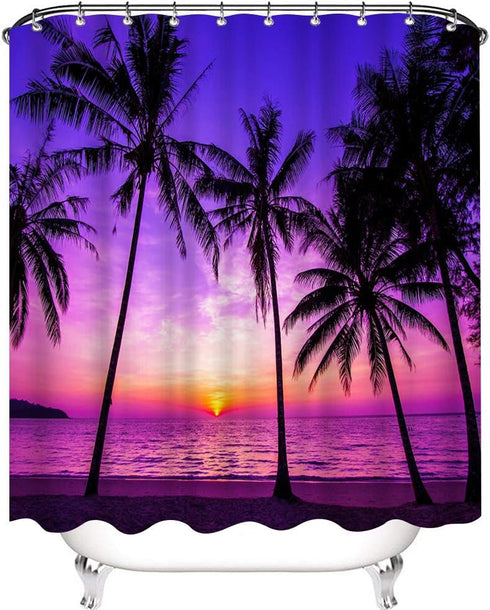 Sunset Beach Tropical Palm Tree Shower Curtain, Waterproof Fabric Bathroom Decor with 12 Hooks, 72x72 Inches