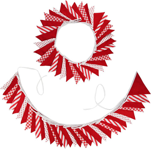 32Ft Red White Plaid Stripe Dot Fabric Bunting Banner, Triangle Flags Cotton Garland for Birthday, Wedding, Party, Home