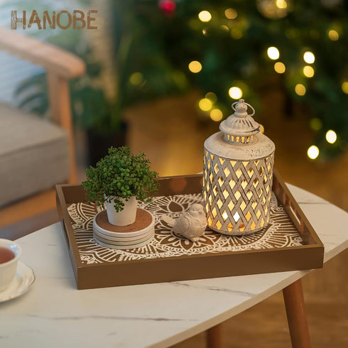 Counter, Decorative Serving Tray with Handles - Hanobe Floral Wooden Coffee Table Trays for Ottoman Centerpiece Decor