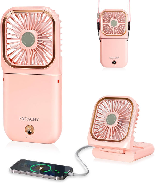 FADACHY Portable Handheld Fan with Power Bank, Mini Fan 3000mAh USB Phone Holder, Rechargeable Pink Lovely Design