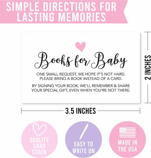 Hadley Designs 25 Books For Baby Shower Request Cards, Pink Baby Shower Invitation Inserts, Guest Book Alternative