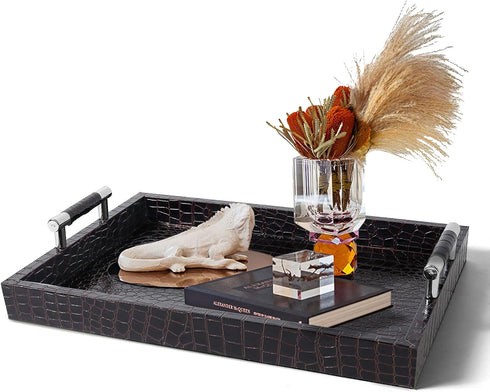 SXNOWS Faux Leather Rectangle Serving Tray with Handles, Large Decorative Tray for