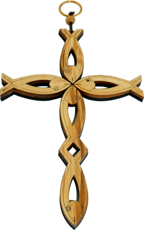 Olive Wood Cross with Fish Design - Holy Land Market, 20cm, 8 inches, Certificate & Lord's Prayer Card