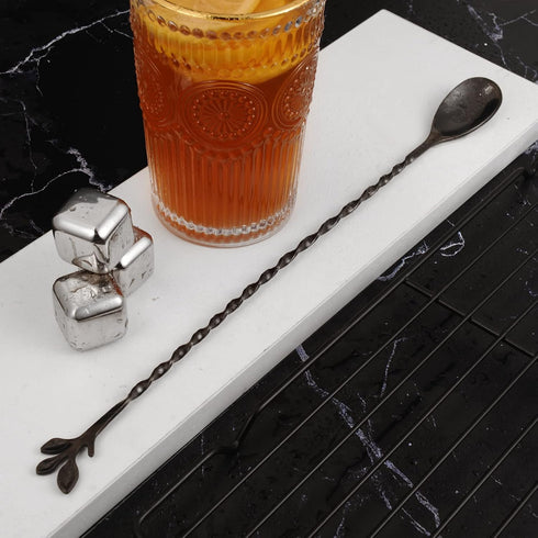 AnSaw 12-Inch Leaf Handle Bar Spoon - Long Handle Cocktail Mixing Stirrer - Stainless Steel, Black