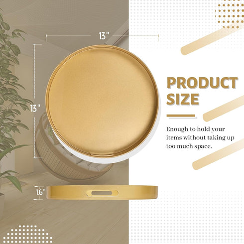 13" MAONAME Gold Round Decorative Tray for Coffee Table, Modern Serving Tray with Handles, Plastic Ottoman Trays