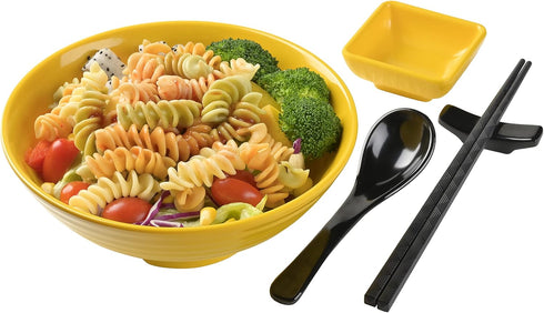 Unbreakable Ramen Bowl Set with Chopsticks and Spoon, 2 Large Japanese Style Melamine Bowls for Pho Soup, Yellow